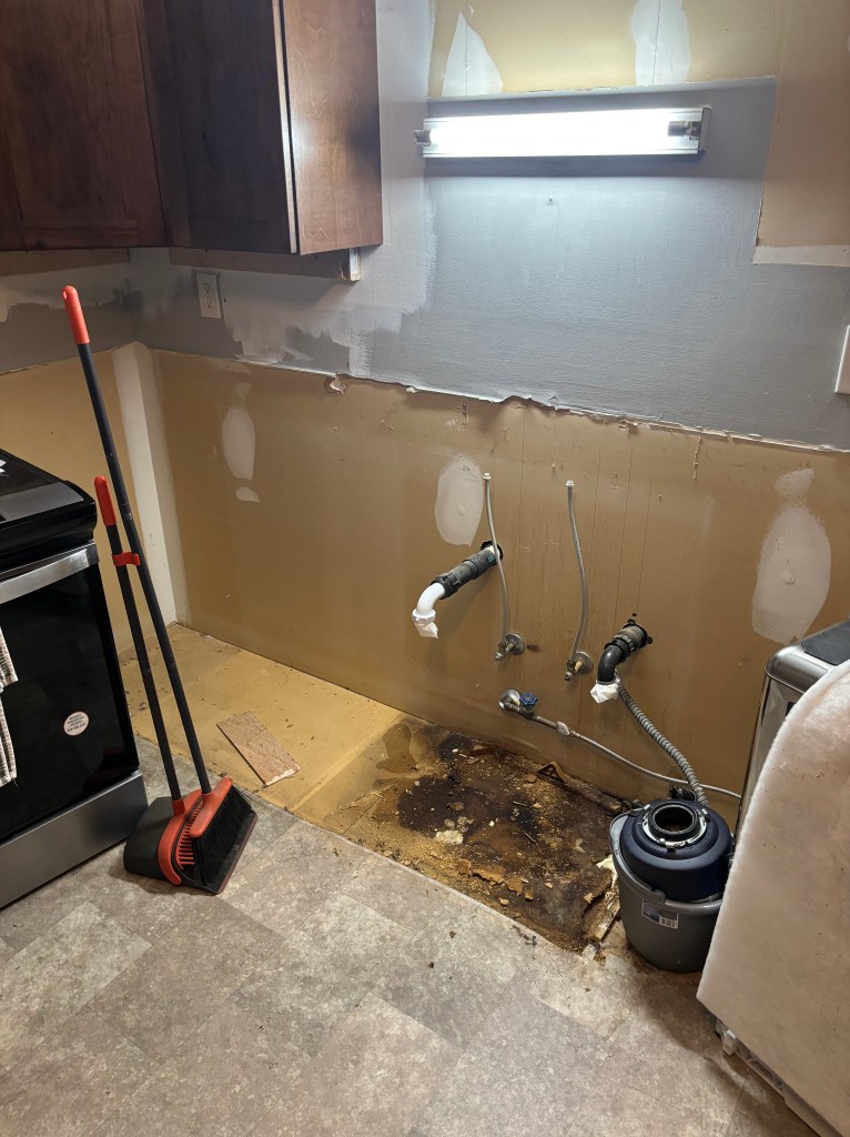A picture of water damaged subfloor.